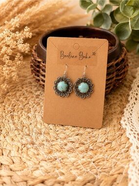 Antique Bronze & Faux Turquoise Earrings | Boho Chic Dangles